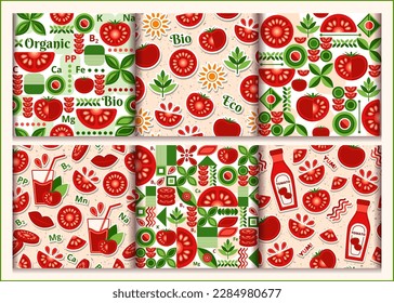 Conjunto de patrones de tomate sin fisuras con pegatinas, elementos de diseño de estilo geométrico simple. Buena imagen de marca, decoración del paquete gastronómico, diseño de la cubierta, impresión decorativa, fondo. Ilustración del vector