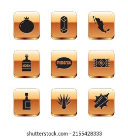 Set Tomato, Tequila bottle, Agave, Fiesta, Map of mexican, Hot chili pepper pod and Burrito icon. Vector