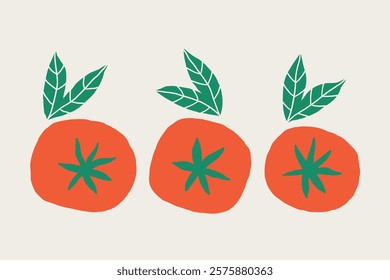 Set Tomato Top View with Leaves. Cherry Tomatoes Vegetable. Pomodoro Isolated. Vector Hand Drawn Illustration