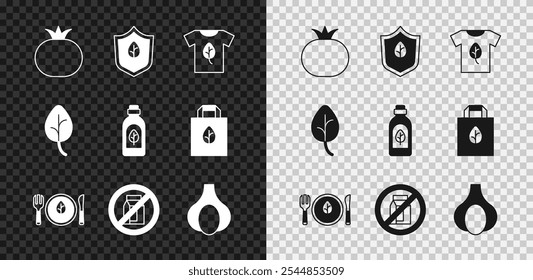 Set Tomato, Vegan food diet, shirt, No pack of milk, Garlic, Leaf or leaves and Essential oil bottle icon. Vector