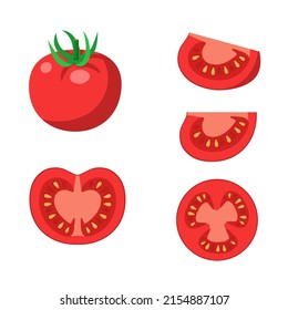 Set of tomato - whole, half and sliced. Red tomatoes isolated on a white background. Stock vector illustration.