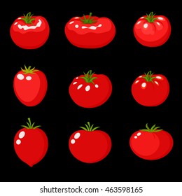 
Set tomatoes in a cartoon -style logo . Icon tomato . On a black background , vegetables from the farm . Organic food . Vector illustration , packaging .