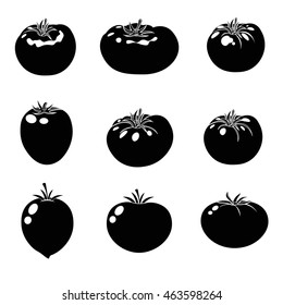 Set tomatoes in a cartoon -style logo . Icon tomato . On a white background , vegetables from the farm . Organic food . Vector illustration , packaging .