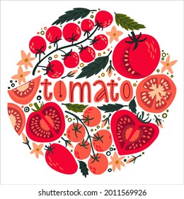 Set with tomatoes and cherries, flowers, tomato slices, tomato seeds and leaves. doodle lettering tomatoes. Food background. Flat vegetables on white. Vegan, farmed, natural