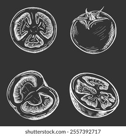 Set of tomatoes in color vintage style. Hand drawn and isolated on monochrome background. Perfect for retro designs. Vector illustration.