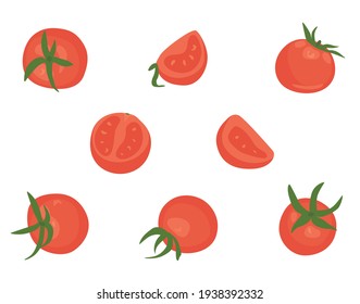 Eine Reihe von Tomaten. Rote Tomaten sind ganz und halbschneiden auf weißem Hintergrund.Vektorgrafik für gesundes Essen.