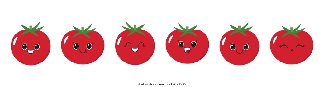 Conjunto de tomates, vegetal de tomate rojo maduro, lindo personaje de dibujos animados, cara sonriente feliz, emociones alegría deleite, ojos grandes, estilo kawaii, Ilustración vectorial plana.