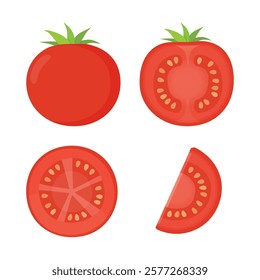 Set tomatoes, sliced tomato, sliced vegetables, cute cartoon vector illustration.