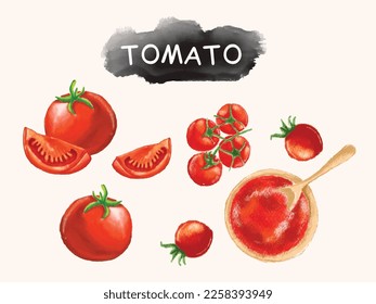 Satz Tomaten, Vektorgrafik. Farbstiftstil für Design-Banner oder Speisekarte