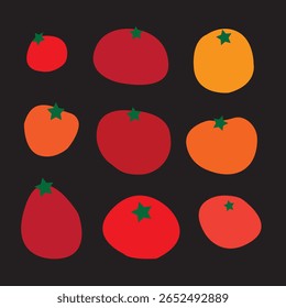 Conjunto de tomates. Ilustración vectorial. variedad de tomate colorido