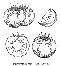 Set of tomatoes whole and halves of the graph. Isolated on a white background