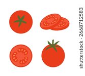 Set of tomatoes. Whole tomatoes, halves, slices. Vector illustration.