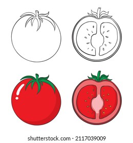 conjunto de tomates. Un tomate entero, cortado en un tomate. Ilustración vectorial en un estilo plano