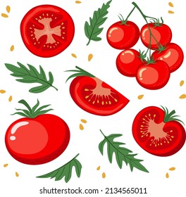 
Tomaten mit ganzen Gemüse, ein Haufen Tomaten, Hälfte, Samen und Blätter. Vektorgrafik auf weißem Hintergrund in einem flachen Stil.