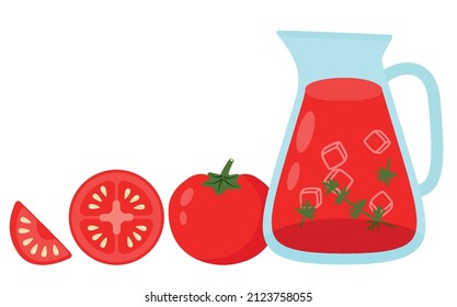 Set of tomatoes.Tomatoes whole and half cut and tomato juice