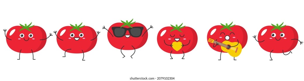 Set tomatos cute character cartoon hand greeting jumping loves sings running smiling face emotions joy happy ripe red tomatoes icon beautiful vector illustration.