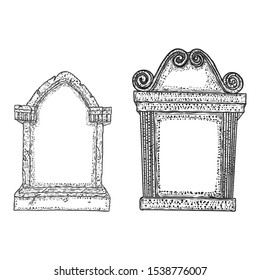 Set of tomb stone drawing. Grave for dead as Halloween tombstones prop. Hand drawn gravestone. Vector. 