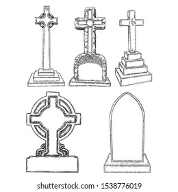 Set of tomb stone drawing. Grave for dead as Halloween tombstones prop. Hand drawn gravestone. Vector. 