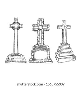 Set of tomb stone drawing. Grave for dead as Halloween tombstones prop. Hand drawn gravestone. Vector. 