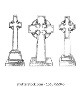 Set of tomb stone drawing. Grave for dead as Halloween tombstones prop. Hand drawn gravestone. Vector. 
