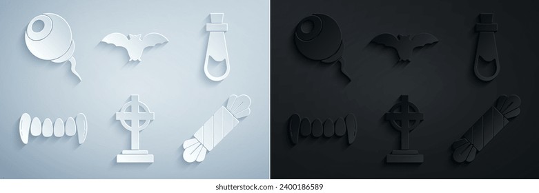 Coloca la lápida con cruz, poción de botellas, dientes de vampiros, vándalos, murciélago volador e ícono de ojos. Vector