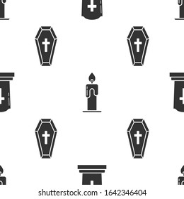 Set Tombstone with cross , Burning candle  and Coffin with christian cross  on seamless pattern. Vector