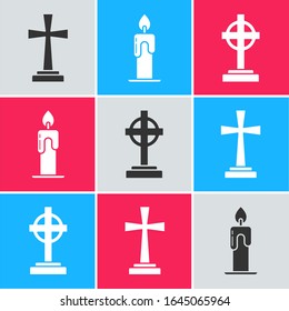 Set Tombstone with cross , Burning candle  and Tombstone with cross  icon. Vector