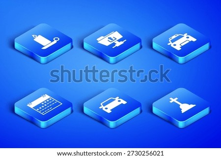 Set Tombstone with cross, Burning candle in candlestick, Car, Calendar, FTP folder upload and Police car flasher icon. Vector