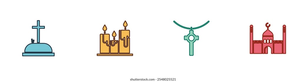 Set Tombstone with cross, Burning candles, Christian chain and Muslim Mosque icon. Vector