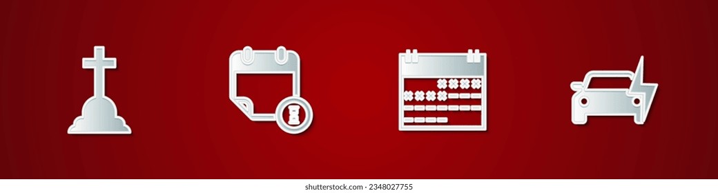 Set Tombstone with cross, Calendar and clock,  and Electric car icon. Vector
