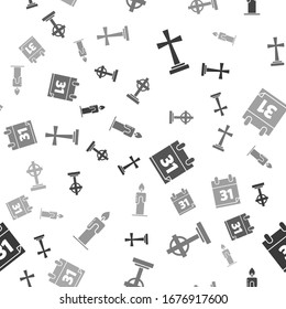 Set Tombstone with cross , Tombstone with cross , Calendar with Halloween date 31 october and Burning candle  on seamless pattern. Vector