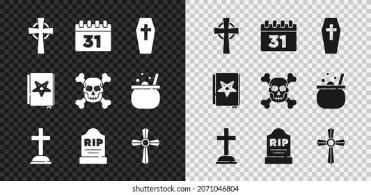 Set Tombstone with cross, Calendar Halloween, Coffin, RIP written, Ancient magic book and Skull crossbones icon. Vector