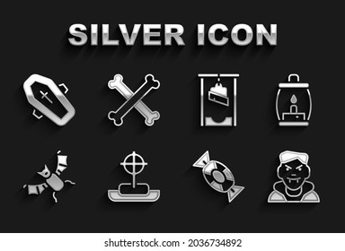Set Tombstone with cross, Camping lantern, Vampire, Candy, Flying bat, Guillotine, Coffin and Crossed bones icon. Vector