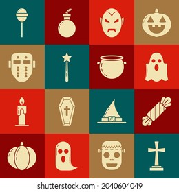 Coloca la lápida con cruz, Vandy, Ghost, Vampire, varita mágica, máscara de hockey, Lollipop y el icono del caldero de brujas de Halloween. Vector