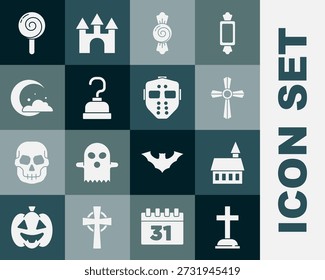 Set Tombstone mit Kreuz, Schloss, Candy, Piraten Haken, Mond Sterne, Lollipop und Hockey Maske Symbol. Vektorgrafik