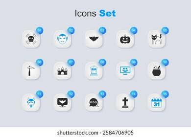 Set Tombstone with cross, Castle, Vampire, Devil head, Halloween date 31 october, witch cauldron, Skull crossbones and RIP written icon. Vector