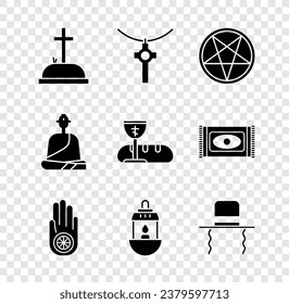 Set Tombstone with cross, Christian chain, Pentagram circle, Jainism or Jain Dharma, Ramadan Kareem lantern, Orthodox jewish hat sidelocks, Buddhist monk and First communion symbols icon. Vector