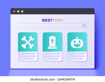 Set Tombstone with cross , Crossed bones  and Pumpkin  icon. Vector