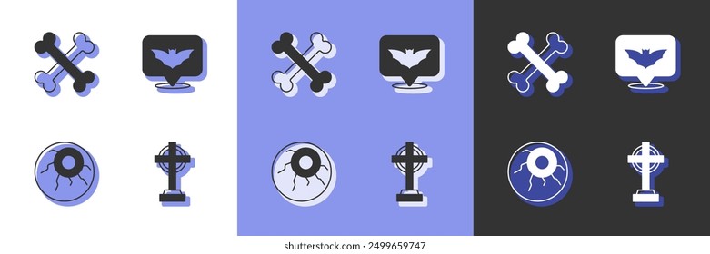 Set Tombstone with cross, Crossed bones, Eye and Flying bat icon. Vector