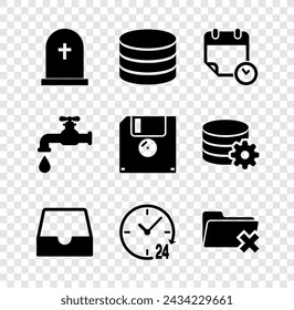 Set Tombstone with cross, Database, Calendar and clock, Social media inbox, Clock 24 hours and Delete folder icon. Vector
