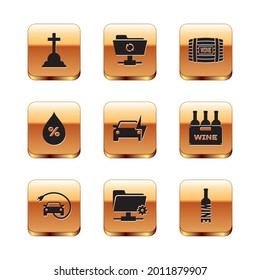 Set Tombstone with cross, Electric car, FTP settings folder, , Water drop percentage and Wooden barrel for wine icon. Vector