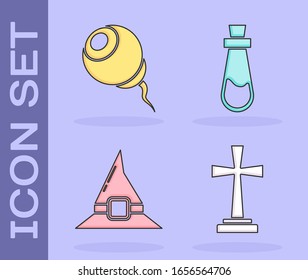 Set Tombstone with cross , Eye , Witch hat  and Bottle with potion  icon. Vector
