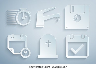 Set Tombstone with cross, Floppy disk, Calendar and clock, check mark, Water tap and Stopwatch icon. Vector