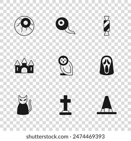 Set Lápida con cruz, máscara de fantasma divertido y aterrador, sombrero de bruja, pájaro búho, caramelo, ojo, y el icono del castillo. Vector