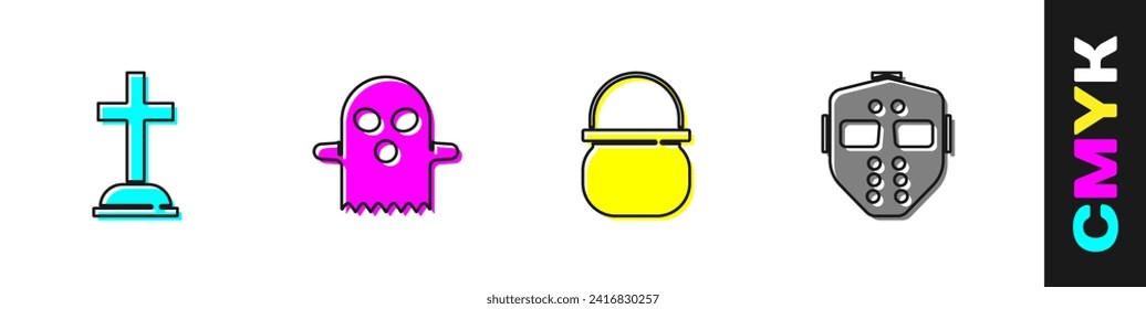 Set Tombstone with cross, Ghost, Halloween witch cauldron and Hockey mask icon. Vector