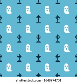 Set Tombstone with cross  and Ghost  on seamless pattern. Vector