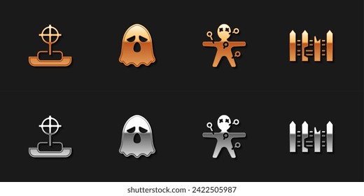 Set Tombstone with cross, Ghost, Voodoo doll and Garden fence wooden icon. Vector