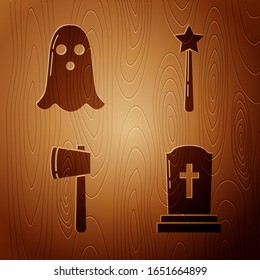 Set Tombstone with cross , Ghost , Wooden axe  and Magic wand  on wooden background. Vector