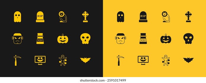 Set Tombstone with cross, Happy Halloween holiday, Pumpkin, Voodoo doll, Bottle potion, Owl bird, Ghost and RIP written icon. Vector