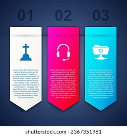 Set Tombstone with cross, Headphones microphone and FTP sync refresh. Business infographic template. Vector